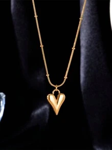 1pc Gold Plated Bamboo Style Chain & Titanium Steel Heart Pendant Detail Necklace