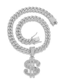 1pc Alloy Pendant Necklace With Rhinestone Encrusted Large Gold Coin Pendant And Shiny Thick Purple Chain, Punk Rock Rapper Hip Hop Jewelry For Men - Silver - View 2