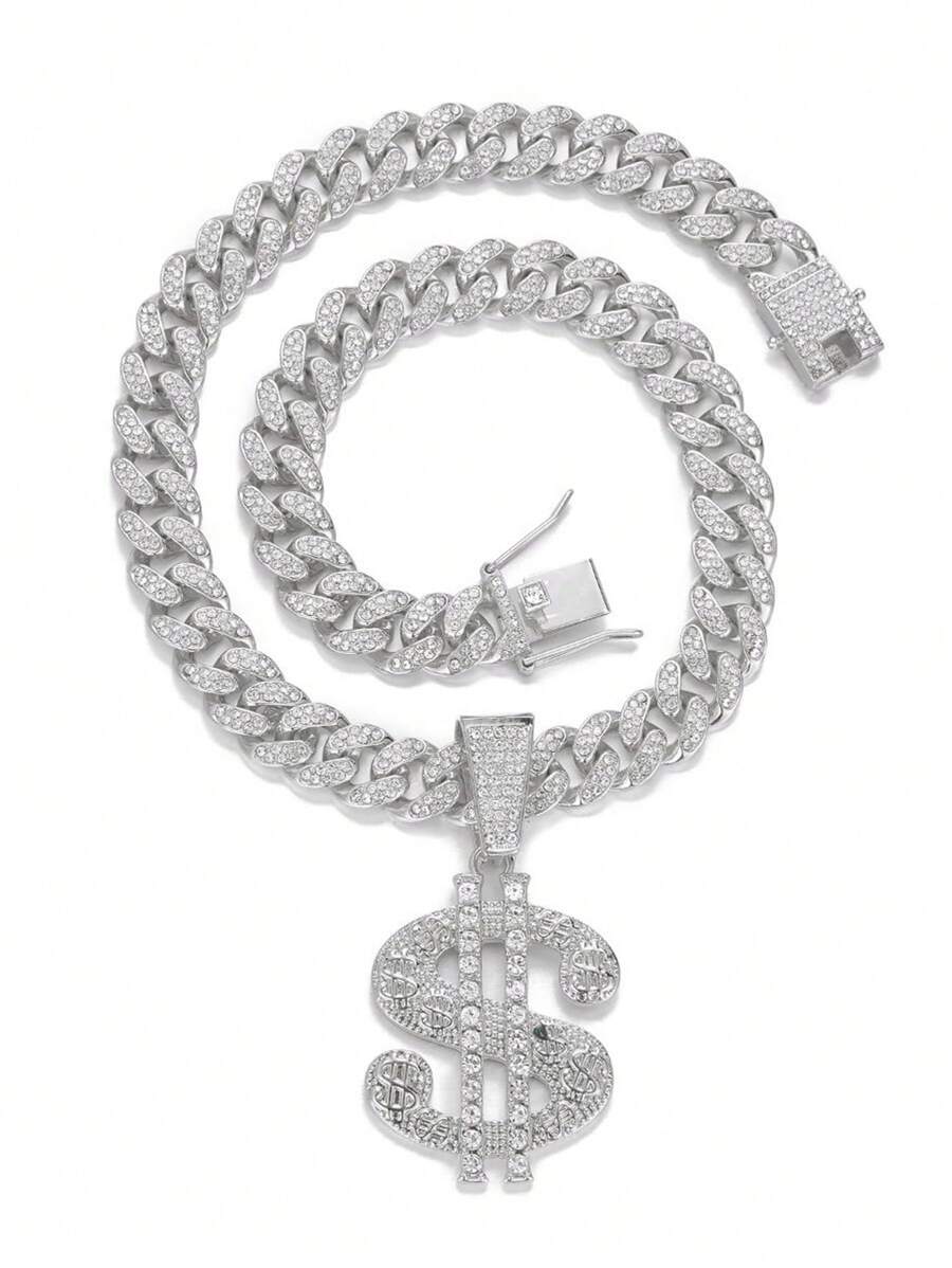 1pc Alloy Pendant Necklace With Rhinestone Encrusted Large Gold Coin Pendant And Shiny Thick Purple Chain, Punk Rock Rapper Hip Hop Jewelry For Men