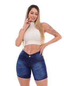 Women Denim Shorts - 深色水洗藍 - 查看 3