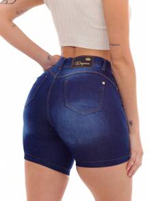 Women Denim Shorts - 深色水洗藍 - 查看 2