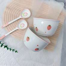 1pc Ceramic Hand-painted Rice Bowl With Thick Rim, Cute Tableware For Kitchen Home Use - White - View 2