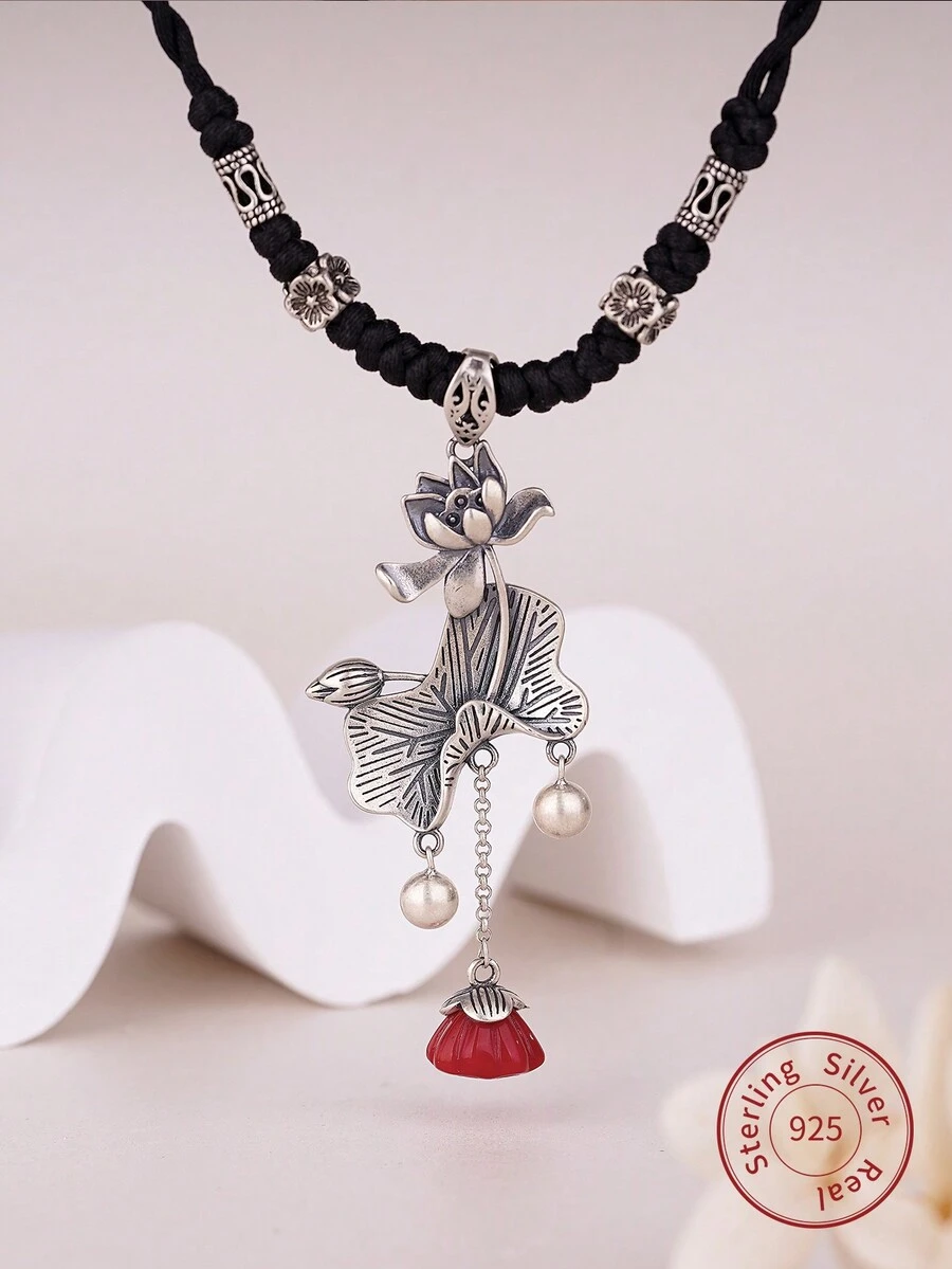 1 件时尚 S925 银仿古莲花毛衣链项链，适合女性日常佩戴