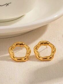 Uworld 1 đôi Thời trang Rỗng Thiết kế vòng tròn Mạ vàng 18K Thép không gỉ Bông tai stud Đối với phụ nữ Hằng ngày Mặc - Vàng - Xem 3