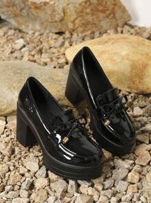 Bow Knot Thick Heel High Heel Commuting Work Slip-On Loafer Shoes, Women's Mid Heel, High Heel Thick Sole Loafers, Black High Vamp High Heel Small Pu Leather Shoes - Black - View 5