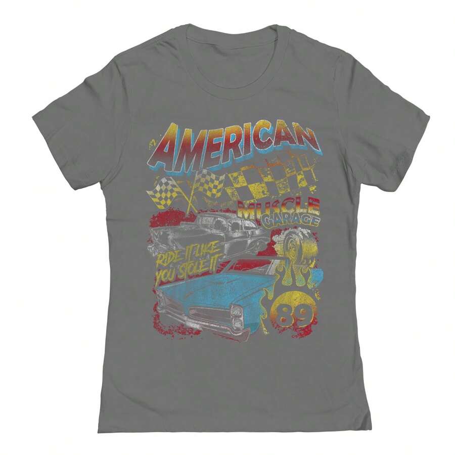 Nearly There American Muscle Vintage Graphic Ladies Cotton Short-Sleeve T-Shirt - 灰色 - 查看 1