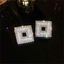 1對925純銀銀針中空鑲嵌鑽石幾何菱形耳環,優雅的法式豪華時尚配件,適合女士日常佩戴和假日禮物