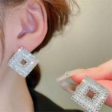 1對925純銀銀針中空鑲嵌鑽石幾何菱形耳環,優雅的法式豪華時尚配件,適合女士日常佩戴和假日禮物