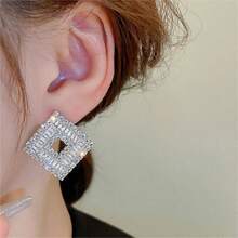 1對925純銀銀針中空鑲嵌鑽石幾何菱形耳環,優雅的法式豪華時尚配件,適合女士日常佩戴和假日禮物