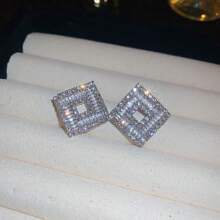 1對925純銀銀針中空鑲嵌鑽石幾何菱形耳環,優雅的法式豪華時尚配件,適合女士日常佩戴和假日禮物