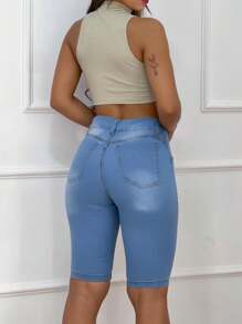 Women Denim Shorts - 淺色水洗藍 - 查看 2