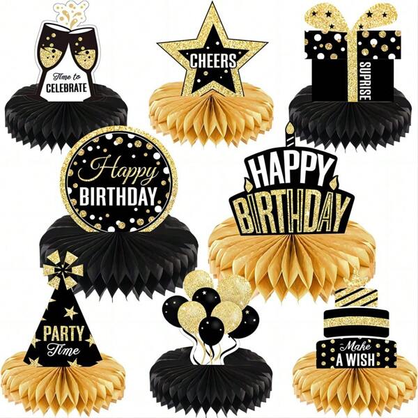 24pcs Birthday Honeycomb Decorations, Black & Gold Theme Party Supplies, Home Party Decor Graduation, 1st Birthday Party Decoration, Party Table Centerpiece, Honeycomb Base,Christmas