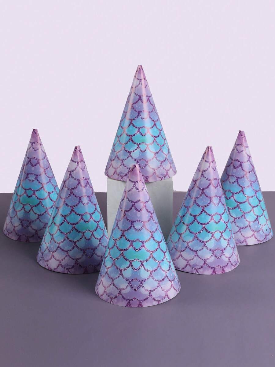 6入紫色美人魚主題紙製派對帽，生日節日派對裝飾帽