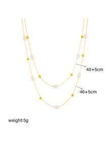 1pc Double Layered Gold-Plated Titanium Steel Chain With Beads And Faux Pearls Vintage Necklace