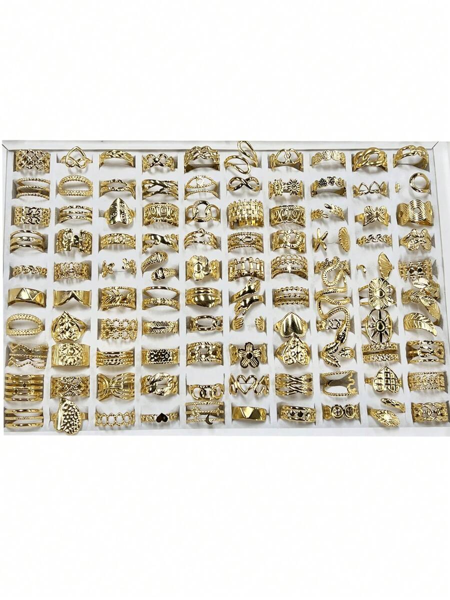 16pcs Stainless Steel Assorted Pattern Adjustable Rings (Mixed Patterns) - Yellow Gold - View 1