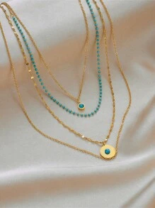 1 件复古简约多层绿松石吊坠钛钢项链链 - 彩色 - 查看 2