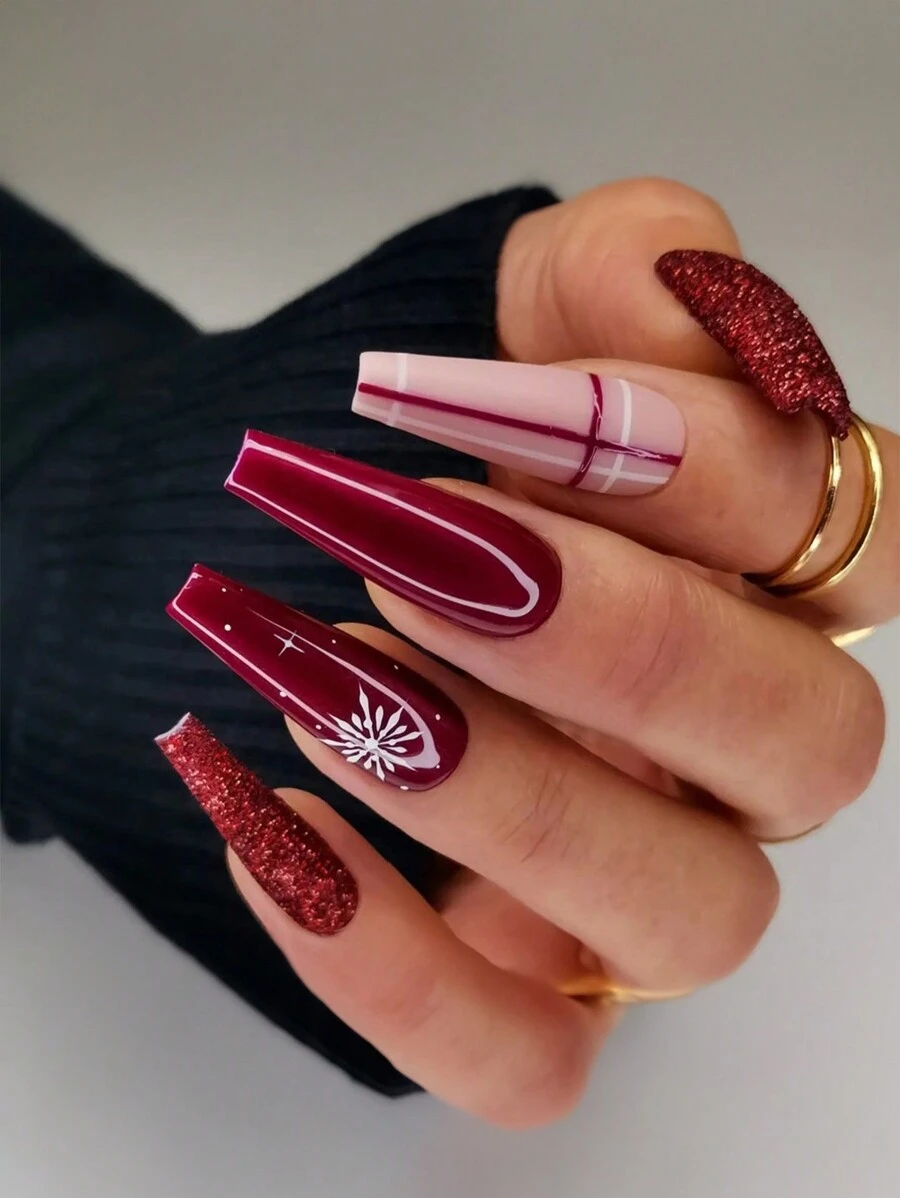 VV MEI JIA ER 聖誕紅白雪花假指甲（中號），冬季聖誕節拐杖假指甲，正方形塑膠假指甲新年禮物，紅色設計帶亮粉光澤假指甲盒，12種尺寸24粒亮片假指甲、1張貼紙和1支指甲銼針對指甲補給品。 - 彩色 - 查看 1