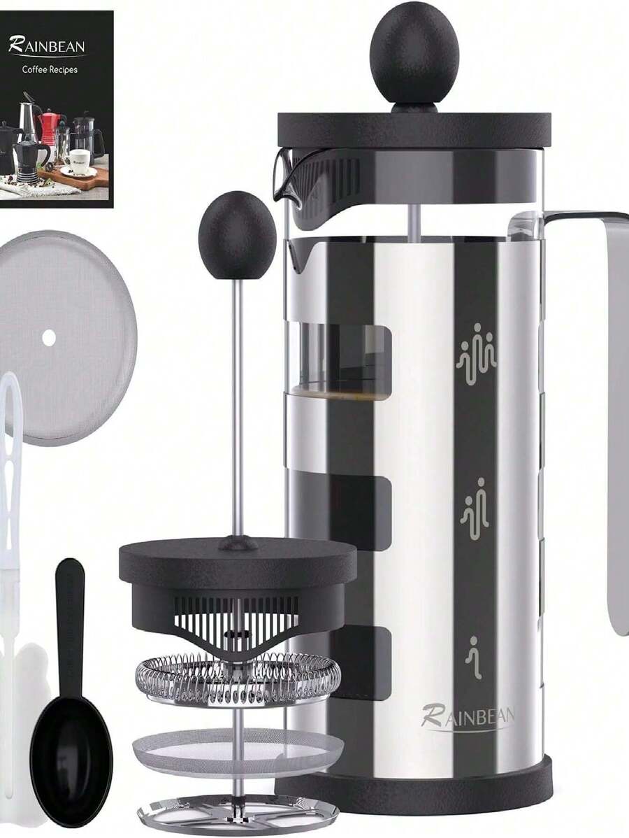 French Press Cafetiere 2 Cups, Stainless Steel Body Shell Coffee Maker- Heat Resistant - Stainless Steel Filter Coffee Press For Coffee Lover (Silver, 350 Ml/2 Cups)