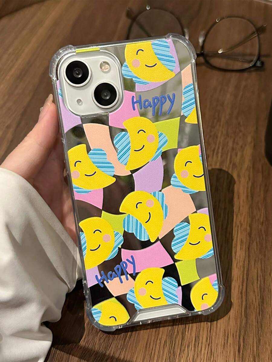 1pc Yellow Smiling Face Moon Corner Shockproof Mirror Phone Case Tpu Material Compatible With IPhone - Multicolor - View 1