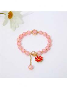 新品到貨,極簡風格花朵爆炸水晶手鍊,向日葵和雛菊魅力手鍊,ins風格 - 杏色 - 查看 1