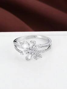 1pc Exquisite Flower Design Copper Ring For Sweet And Cool Girls - Silver - View 3