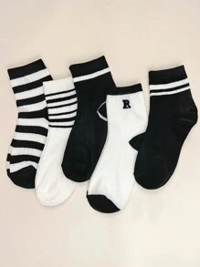 5雙女性條紋和字母圖案透氣休閒中筒襪適用於日常生活 - 彩色 - 查看 7