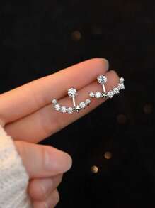 1pair Silver Plated Front Back Design Delicate Rhinestone Decor Arc Stud Earrings For Women - Multicolor - View 7