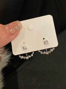 1pair Silver Plated Front Back Design Delicate Rhinestone Decor Arc Stud Earrings For Women - Multicolor - View 6