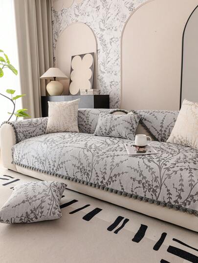1pc Branch Black & White Sofa Cover, Romantic Premium Heavy Snowy & Tassel Design Slip-resistant Couch Cushion, Four Season Festival Wedding Decoration Home Textile