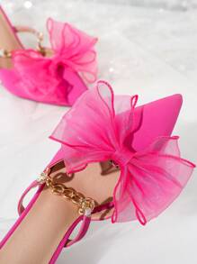 女鞋配件 可拆式粉色網眼鑲鑽蝴蝶結鞋扣 - 玫紅色 - 查看 4