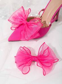 女鞋配件 可拆式粉色網眼鑲鑽蝴蝶結鞋扣 - 玫紅色 - 查看 2