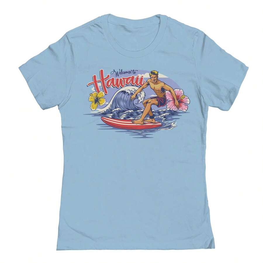 Nearly There Welcome To Hawaii Graphic Ladies Cotton Short-Sleeve T-Shirt - Blue - View 1