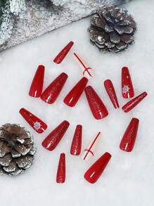 VV MEI JIA ER 聖誕紅白雪花假指甲（中號），冬季聖誕節拐杖假指甲，正方形塑膠假指甲新年禮物，紅色設計帶亮粉光澤假指甲盒，12種尺寸24粒亮片假指甲、1張貼紙和1支指甲銼針對指甲補給品。 - 彩色 - 查看 2