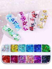 12格全息镂空心形美甲闪光亮片情人节指甲装饰芭蕾美甲配件 - 彩色 - 查看 3