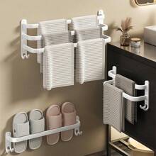 1个免打孔毛巾架，太空铝材质，单杆式，适用于卫生间，可壁挂安装，浴室配件，浴室工具 - 白色 - 查看 3