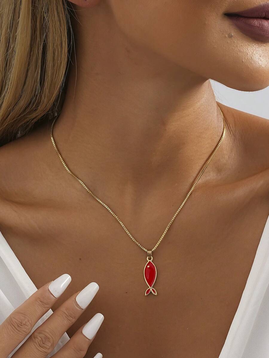 2023新款跨境時尚可愛魚形鋅合金吊墜項鍊,極簡多用途女士街拍項鍊 - 紅色 - 查看 1
