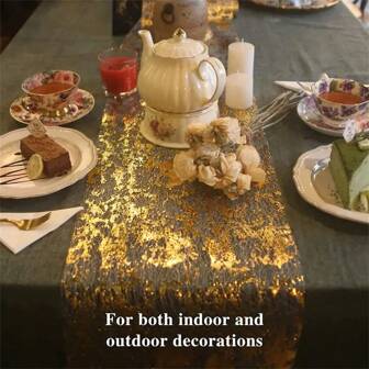 1pc Gold Foil Cloud Patterned Table Runner, Shiny Gold Sequin Glitter Mesh Tulle Decor For Events, Weddings, Birthdays, Christmas, Valentine's Day