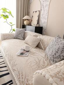 1 Pièce Housse De Canapé À Motifs Branches Noires Et Blanches, Coussin À Glands Épais Et Résistant Au Glissement En Chenille Romantique De Style Français, Décoration De Vacances Et De Mariage Toutes Saisons