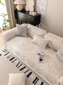 1 Pièce Housse De Canapé À Motifs Branches Noires Et Blanches, Coussin À Glands Épais Et Résistant Au Glissement En Chenille Romantique De Style Français, Décoration De Vacances Et De Mariage Toutes Saisons