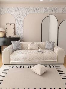 1 Pièce Housse De Canapé À Motifs Branches Noires Et Blanches, Coussin À Glands Épais Et Résistant Au Glissement En Chenille Romantique De Style Français, Décoration De Vacances Et De Mariage Toutes Saisons