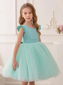 年轻女孩绿色荷叶边网眼圣诞派对礼服，优雅公主礼服，适合生日派对、宴会、婚礼、节日庆典、花童装 - 青碧色 - 查看 3