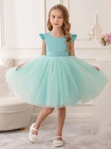 年轻女孩绿色荷叶边网眼圣诞派对礼服，优雅公主礼服，适合生日派对、宴会、婚礼、节日庆典、花童装 - 青碧色 - 查看 9