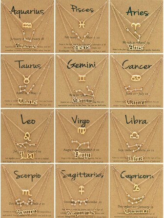 3pcs/set Vintage English Alphabet & Symbol & Star Sign Design Constellation Card Pendant Necklaces