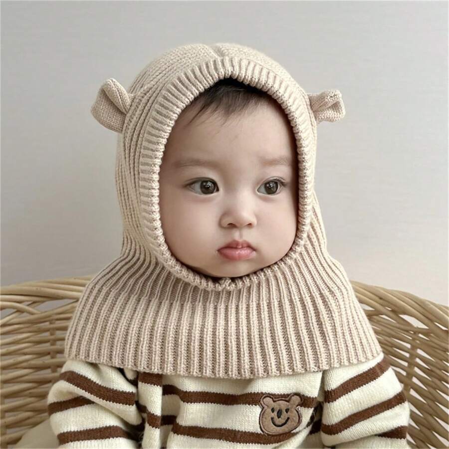 嬰兒帽子圍巾套裝,冬季嬰幼兒耳帽暖脖套裝,適用於男孩女孩 - 米色 - 查看 1