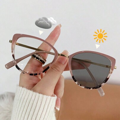 Cat Eye Metal Photochromic Glasses, Simple Casual Fashion Glasses Academic Style For Women, Decorative For Summer Beach Vacation,Outdoor,Travel