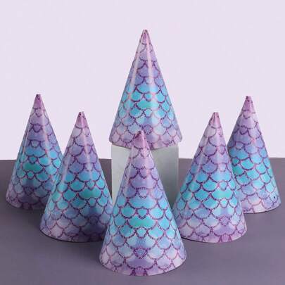 6pcs Purple Mermaid Themed Paper Party Hats, Party Accessories Decorative Hats For Birthday Holiday Party
