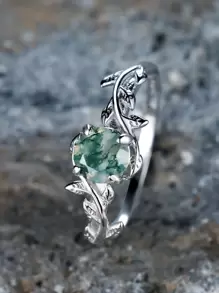 1pc Delicate Four-prong Setting Round Green Chalcedony & Leaf Shaped Silver Ring, Ideal For Engagement & Wedding Gift
