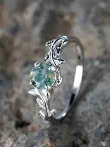 1pc Delicate Four-prong Setting Round Green Chalcedony & Leaf Shaped Silver Ring, Ideal For Engagement & Wedding Gift