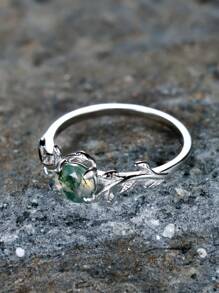 1pc Delicate Four-prong Setting Round Green Chalcedony & Leaf Shaped Silver Ring, Ideal For Engagement & Wedding Gift