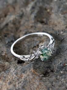 1pc Delicate Four-prong Setting Round Green Chalcedony & Leaf Shaped Silver Ring, Ideal For Engagement & Wedding Gift